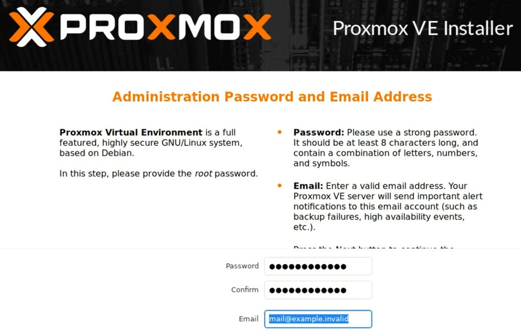 adding a password and email for proxmox the admin user.