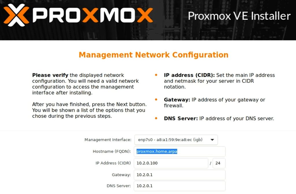 selecting a management interface, hostname, and IP address, DNS server and gateway.