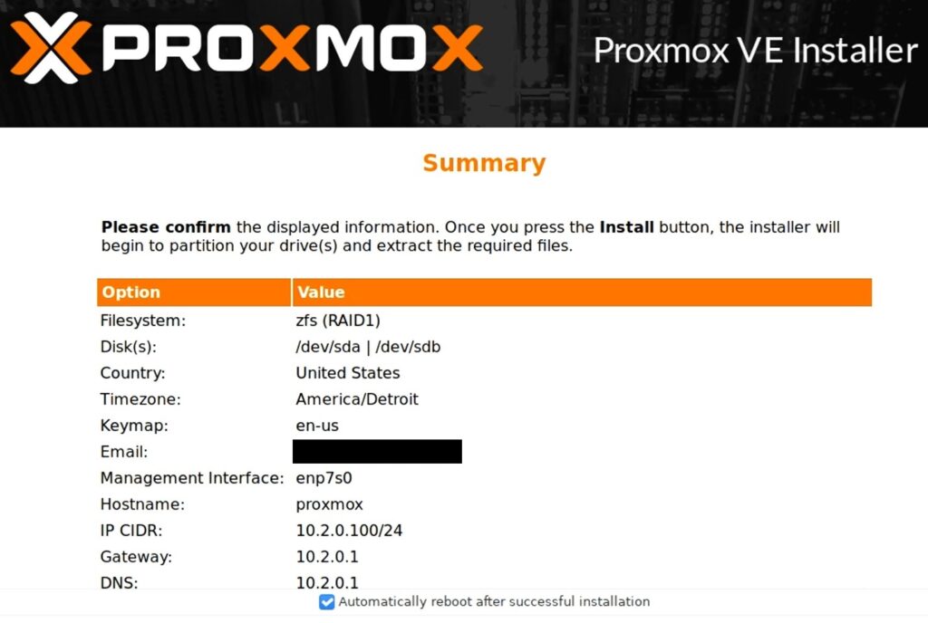 confirming settings of proxmox installer before installing.