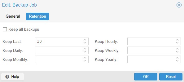 modifying the retention in proxmox