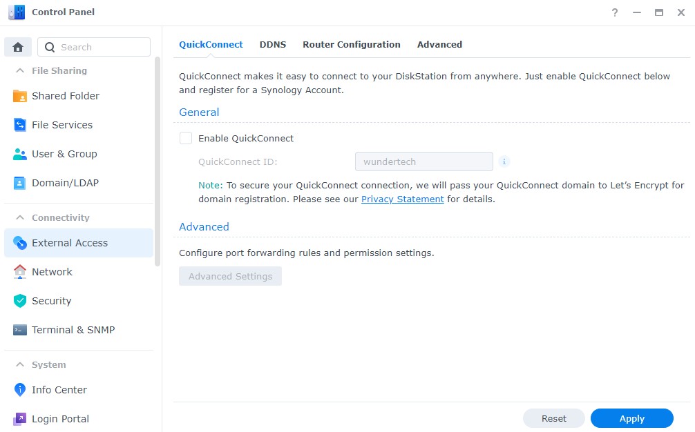 synology quickconnect in the control panel of dsm