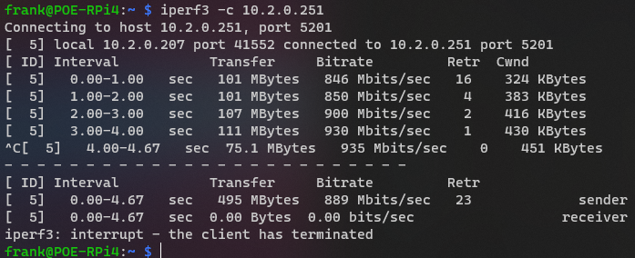 running the iperf3 command on a raspberry pi shows the transfer speeds are around 100Mbps.