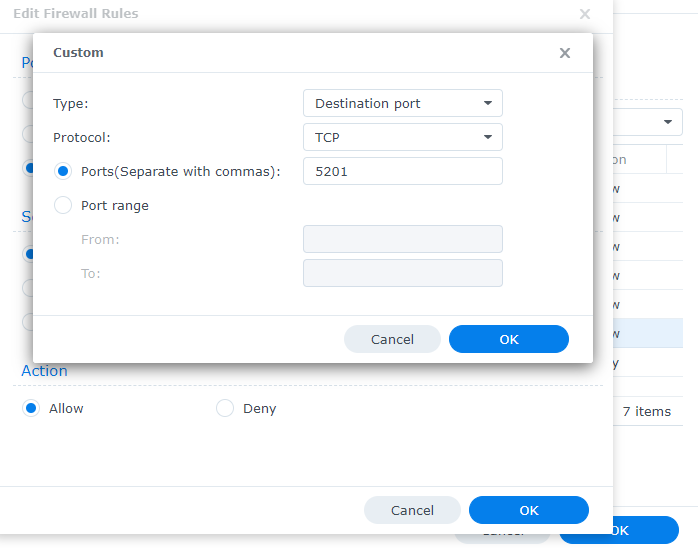 creating a firewall rule for tcp port 5201 on a synology nas.