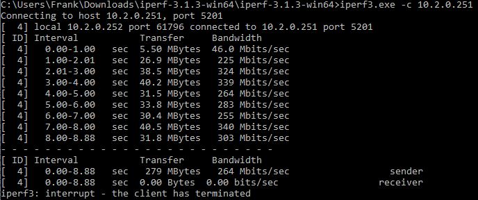 running the iperf3 command on windows to test connection speeds to a Synology nas.