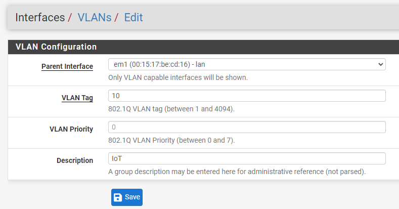 creating an IoT vlan in pfsense and setting a vlan tag as 10.