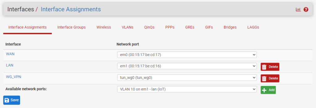 adding the new vlan to the interfaces in pfsense.