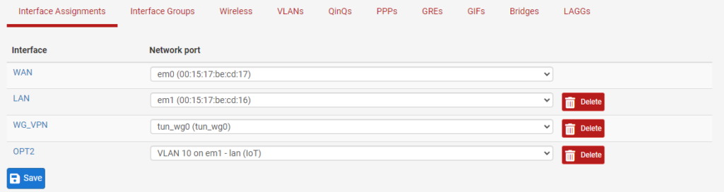 showing that a unique name of OPT2 was created for the VLAN.