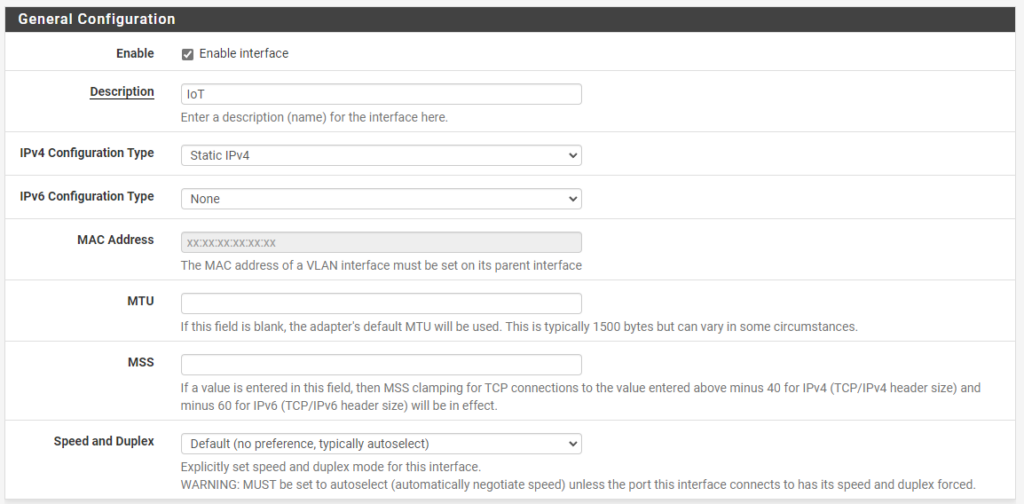 enabling the IoT interface in pfsense.