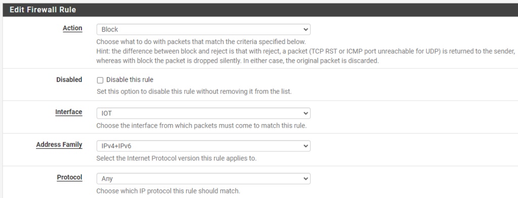 creating a block rule for IPv4 or IPv6 (IoT).