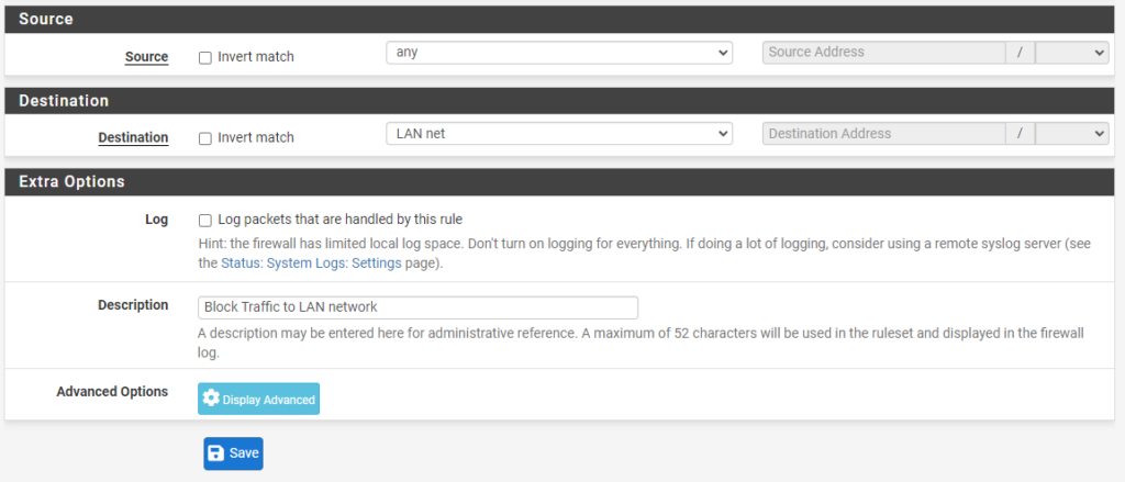 setting a description in pfsense for the firewall rule.