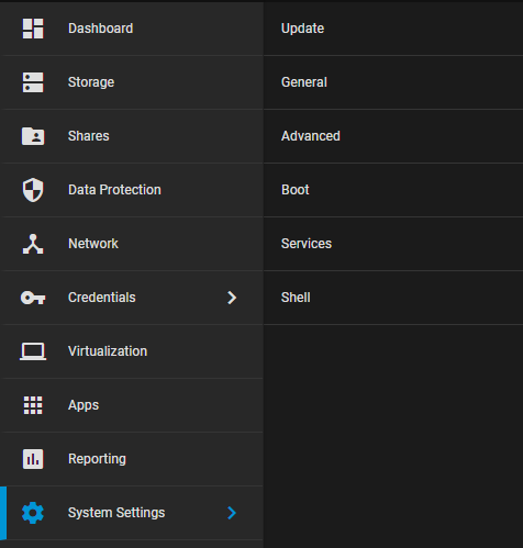 selecting system settings then shell in truenas scale.