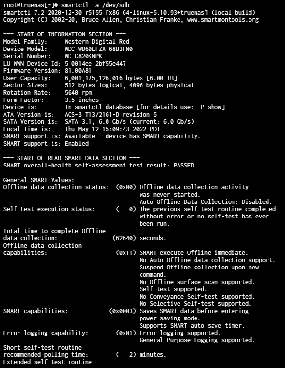 the output of the smartctl command on truenas which shows the hard drive is a wester digital red hard drive and the smart test passed.