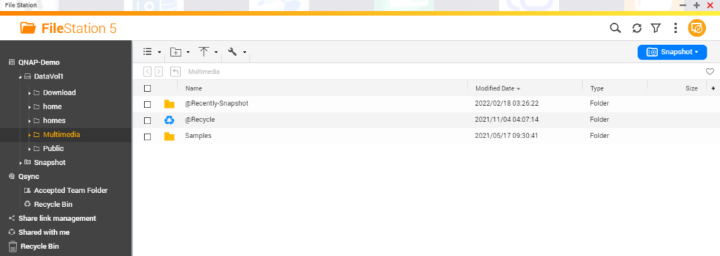 file station screen for qts to view shared folders.