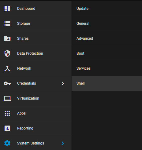 selecting system settings then shell in truenas scale.