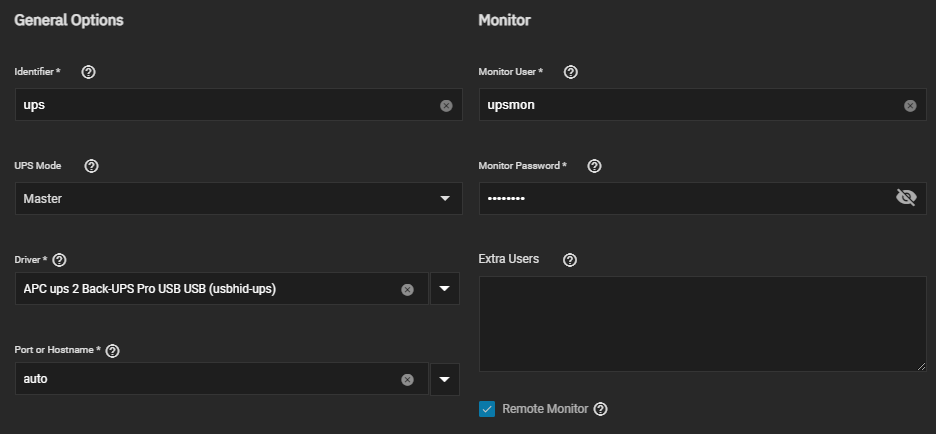 setting the ups user and password as well as the correct driver.