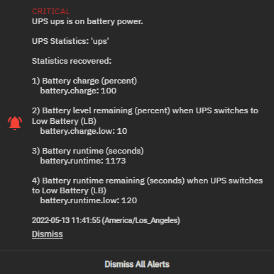 how to set up truenas as a nut server - showing what happens when the ups is on battery power. it shows as critical when on battery.