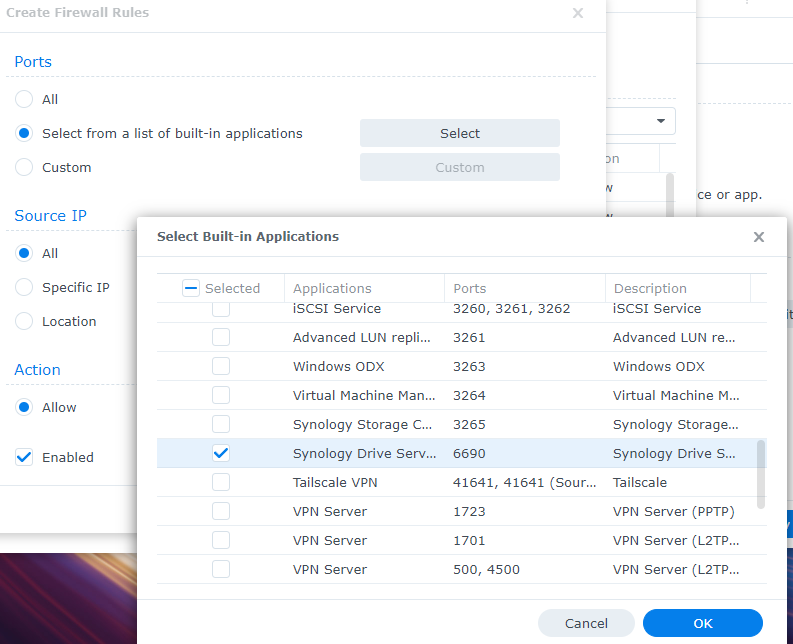 creating the firewall rule for tcp port 6690 on the destination nas.