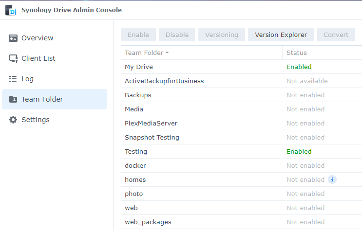 enabling team folders in synology drive.