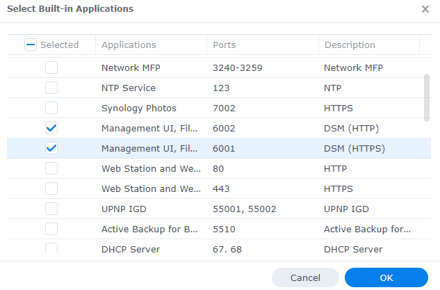 selecting the dsm ports in synology dsm.