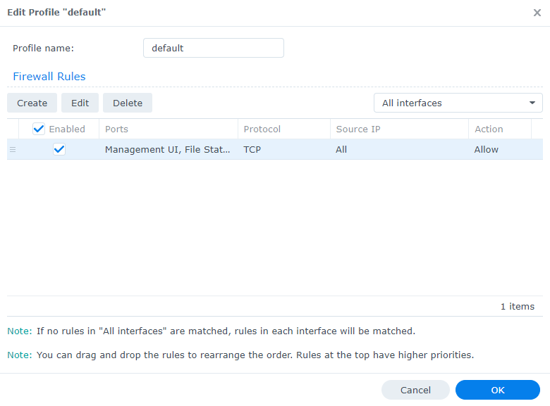 showing the firewall rules in synology dsm.