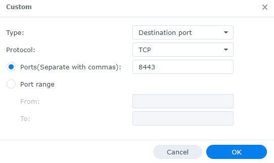 showing that tcp port 8443 was selected.