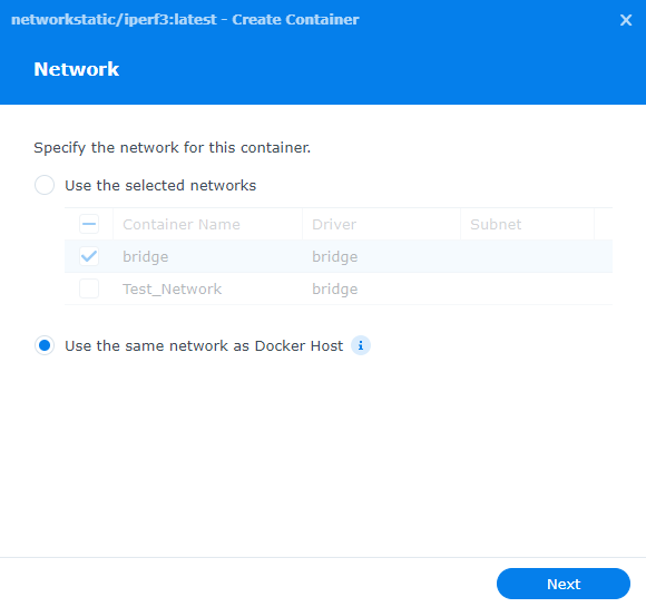 selecting the docker host network.