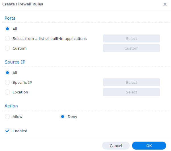 creating a deny all rule in synology dsm and adding it to the very bottom.