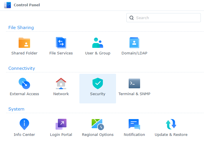 selecting security in control panel of dsm.