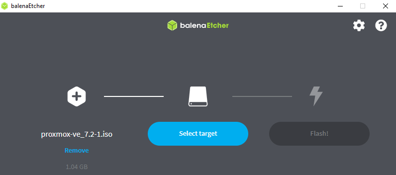 showing etcher application with the proxmox iso.