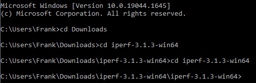 navigating to the iperf3 folder that was recently downloaded in windows. 