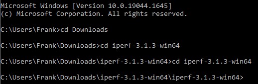 navigating to the iperf3 folder that was recently downloaded in windows. 