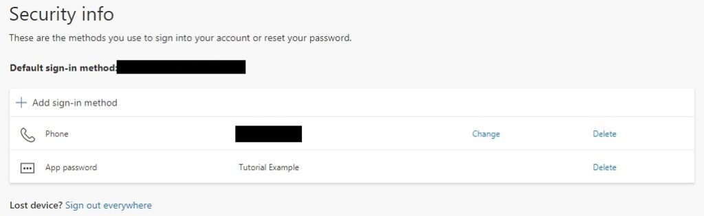 How to Create an App Password in Office 365 7 showing the phone authentication and app password that exists.