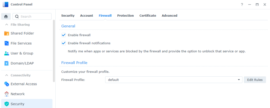 showing the default synology firewall.