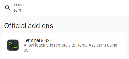 searching and selecting the terminal and ssh package. how to ssh into home assistant.