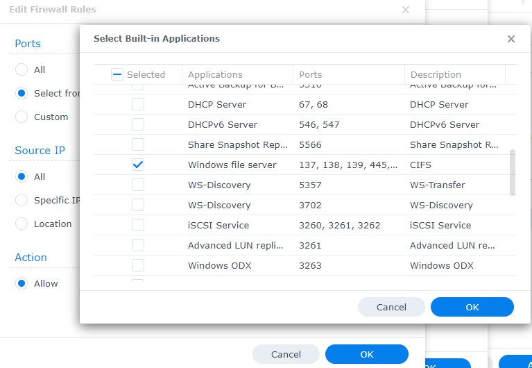 adding a windows file server rule in synology's firewall.