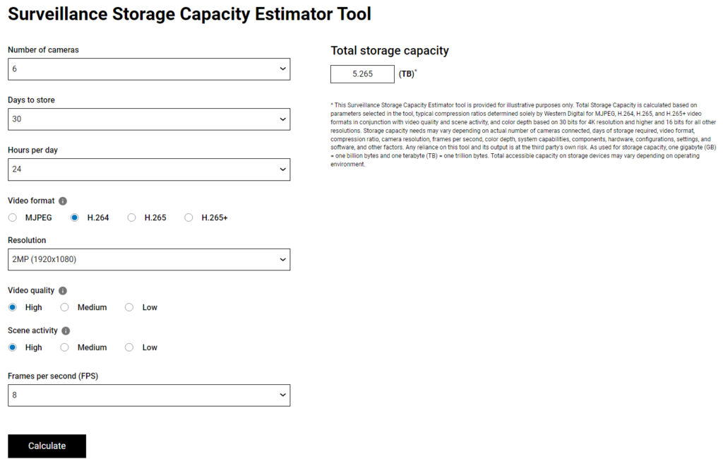 surveillance storage capacity estimator tool showing a total estimate of 6TB hard drive needed.