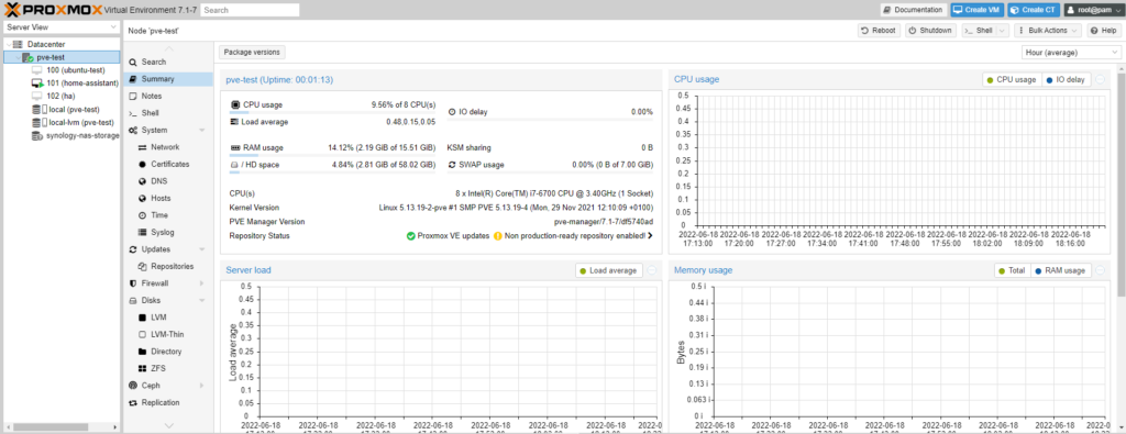 proxmox vs. esxi - proxmox main dashboard.