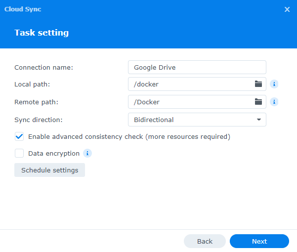 selecting a connection name, local and remote path in cloud sync, with a sync direction (bidirectional).