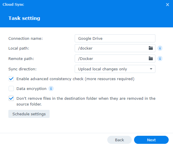 selecting a connection name, local and remote path in cloud sync, with a sync direction (upload local changes only).