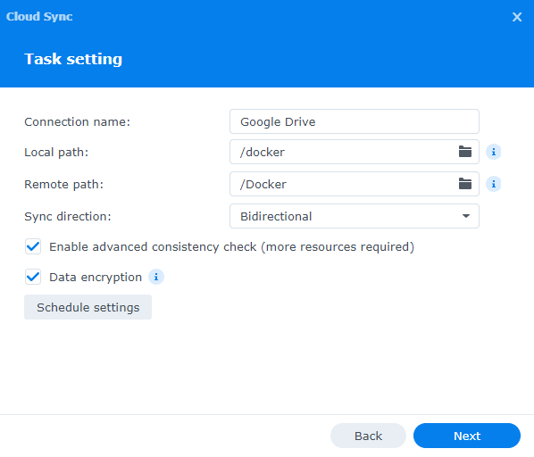 selecting a connection name, local and remote path in cloud sync, with a sync direction.