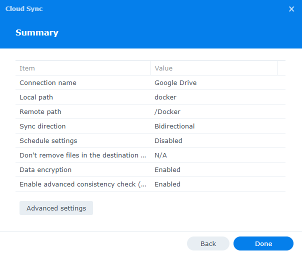 summary of settings for cloud sync.