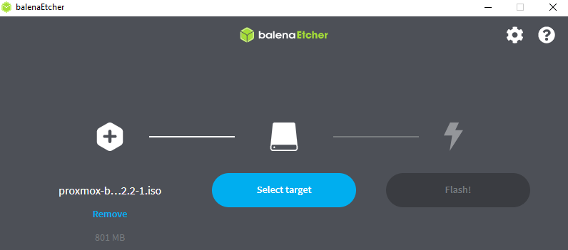 selecting the proxmox backup server and writing it to a USB stick with balena etcher.