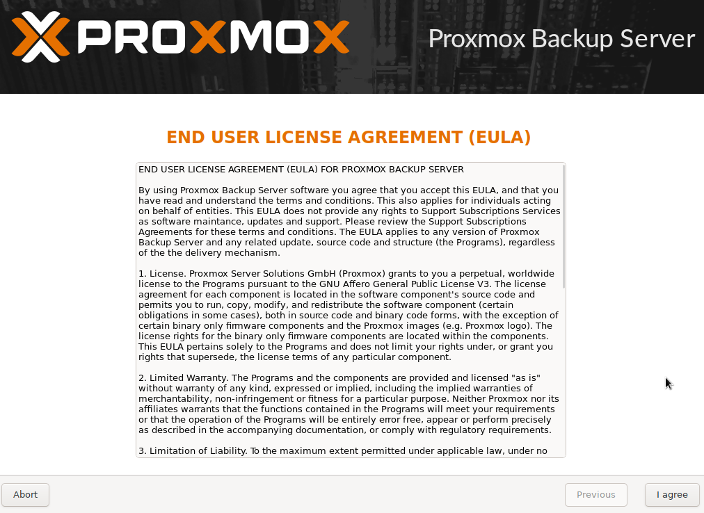 accepting the eula for proxmox backup server.