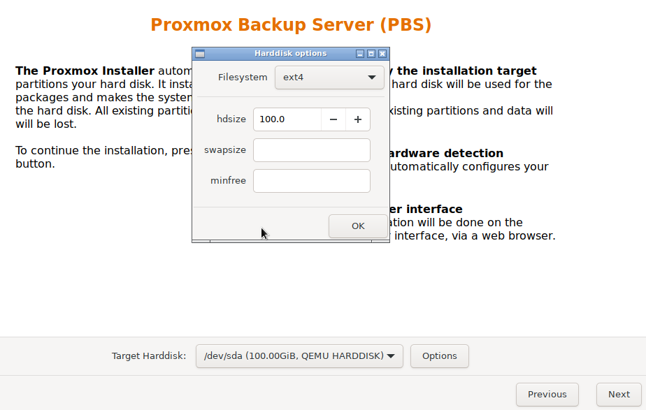 setting a hard drive size for proxmox backup server.