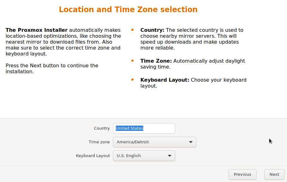 selecting a country and time zone in proxmox backup server.