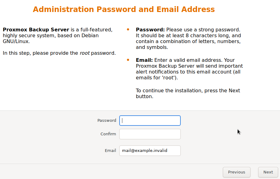 setting an administrator password and email address.