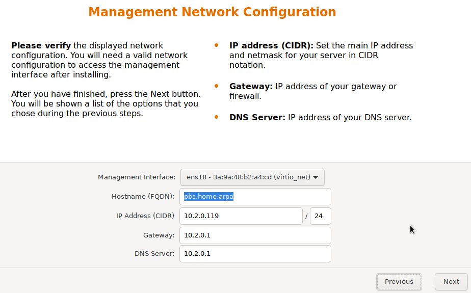 setting the network configuration for proxmox backup server (hostname and IP address).