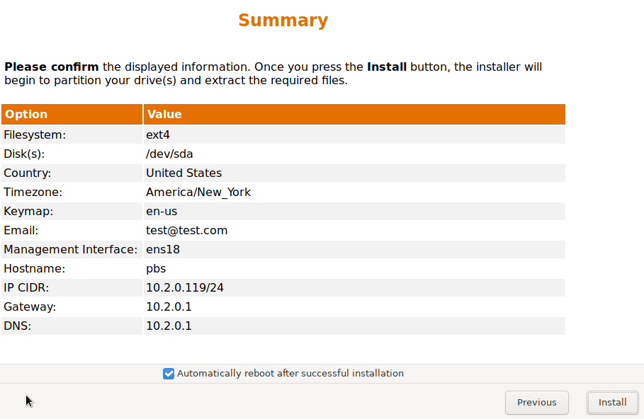 summary of proxmox backup server settings before install.