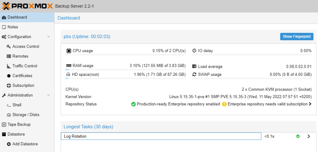 proxmox backup server dashboard.