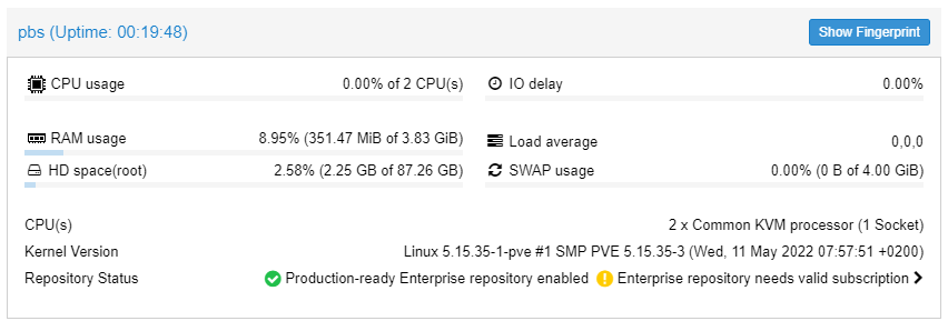 selecting to show the fingerprint for proxmox.